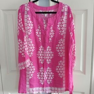 JM Collection Pink & White LINEN V Neck Pullover Beach Coverup Top Blouse XL